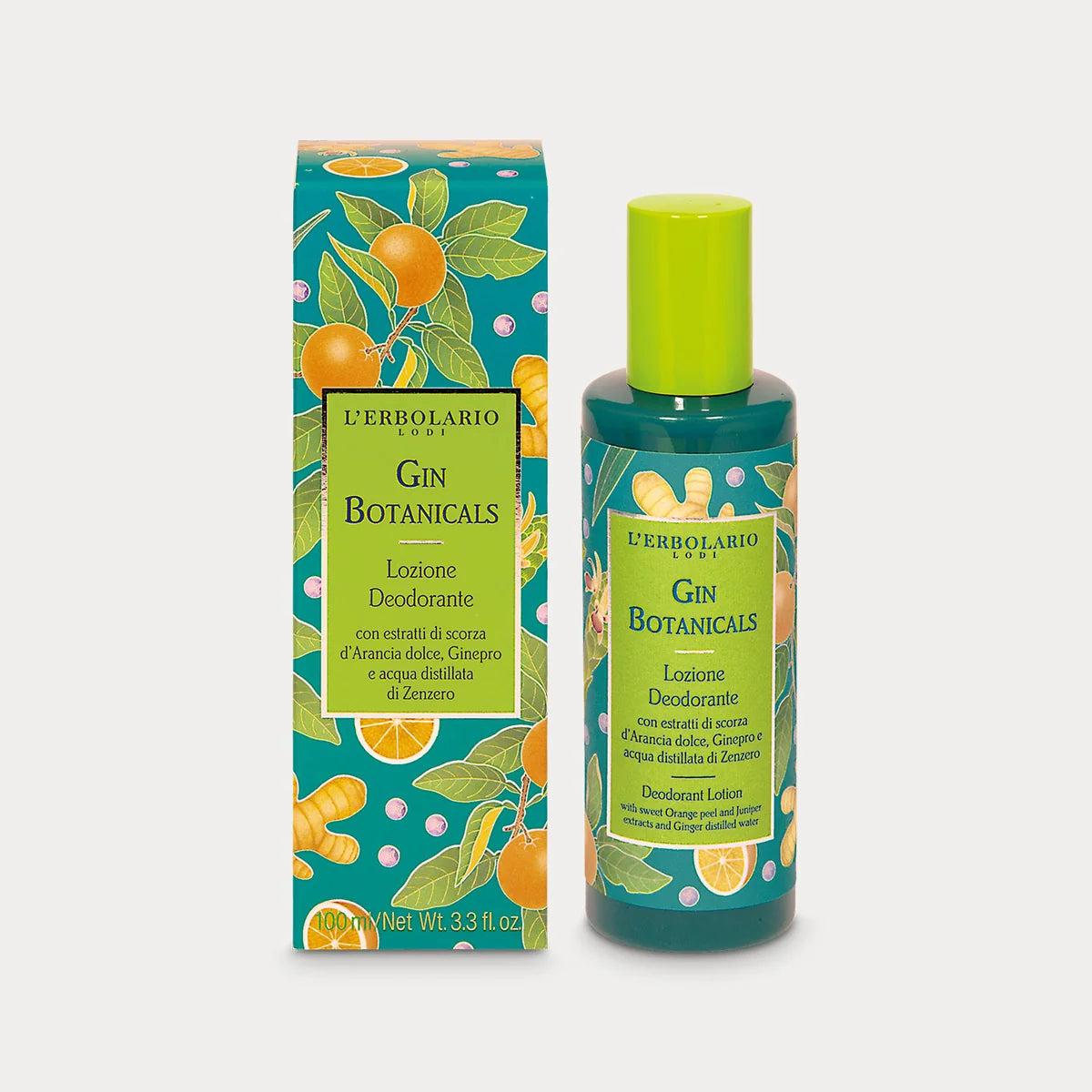 L'Erbolario Gin Botanicals Lozione Deodorante 100 ml, flacone e confezione