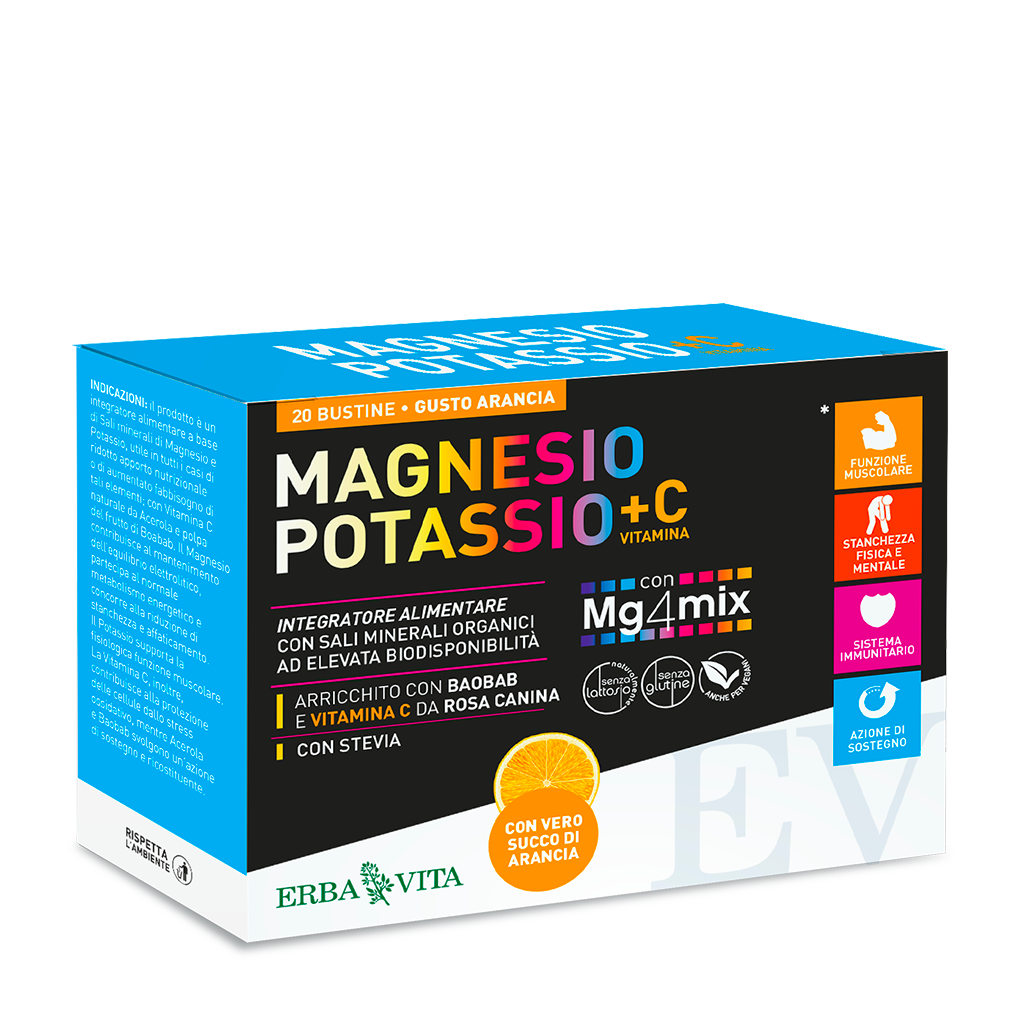 Confezione Erba Vita Magnesio Potassio + C al gusto arancia, 20 bustine