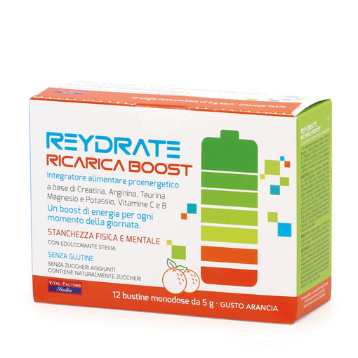 Confezione Reydrate Ricarica Boost, 12 bustine monodose da 5 g gusto arancia